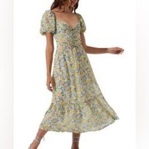 ASTR the Label Irma Puff Sleeve Dress Midi Yellow Blue Floral XS NWT